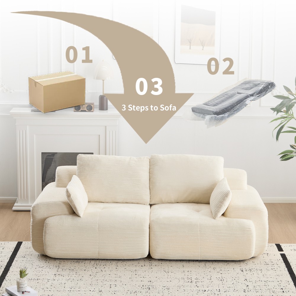 Modern Memory Foam Sofa, 2-Seater Corduroy Sectional w/ Deep Seat, Beige