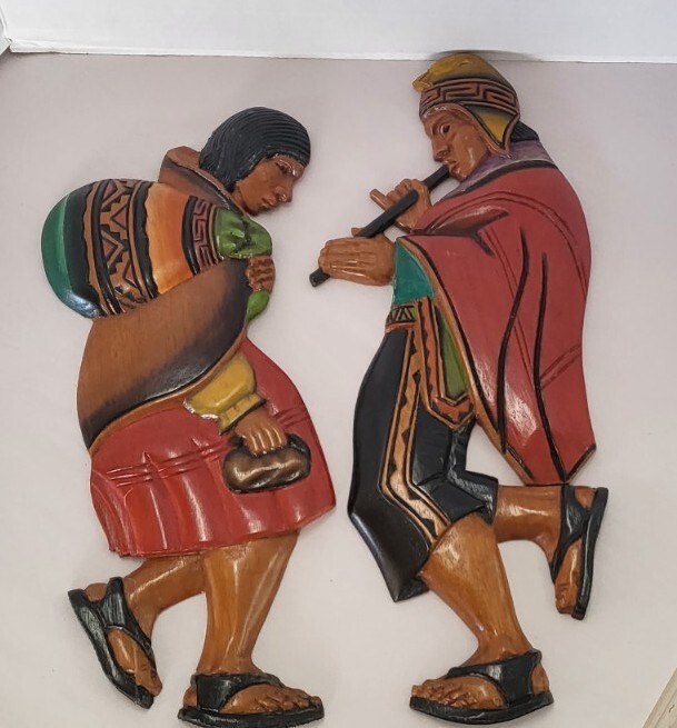 Hand Carved & Painted Wood Peru Peasants Man Woman 16" Wall Art Travel Souvenir
