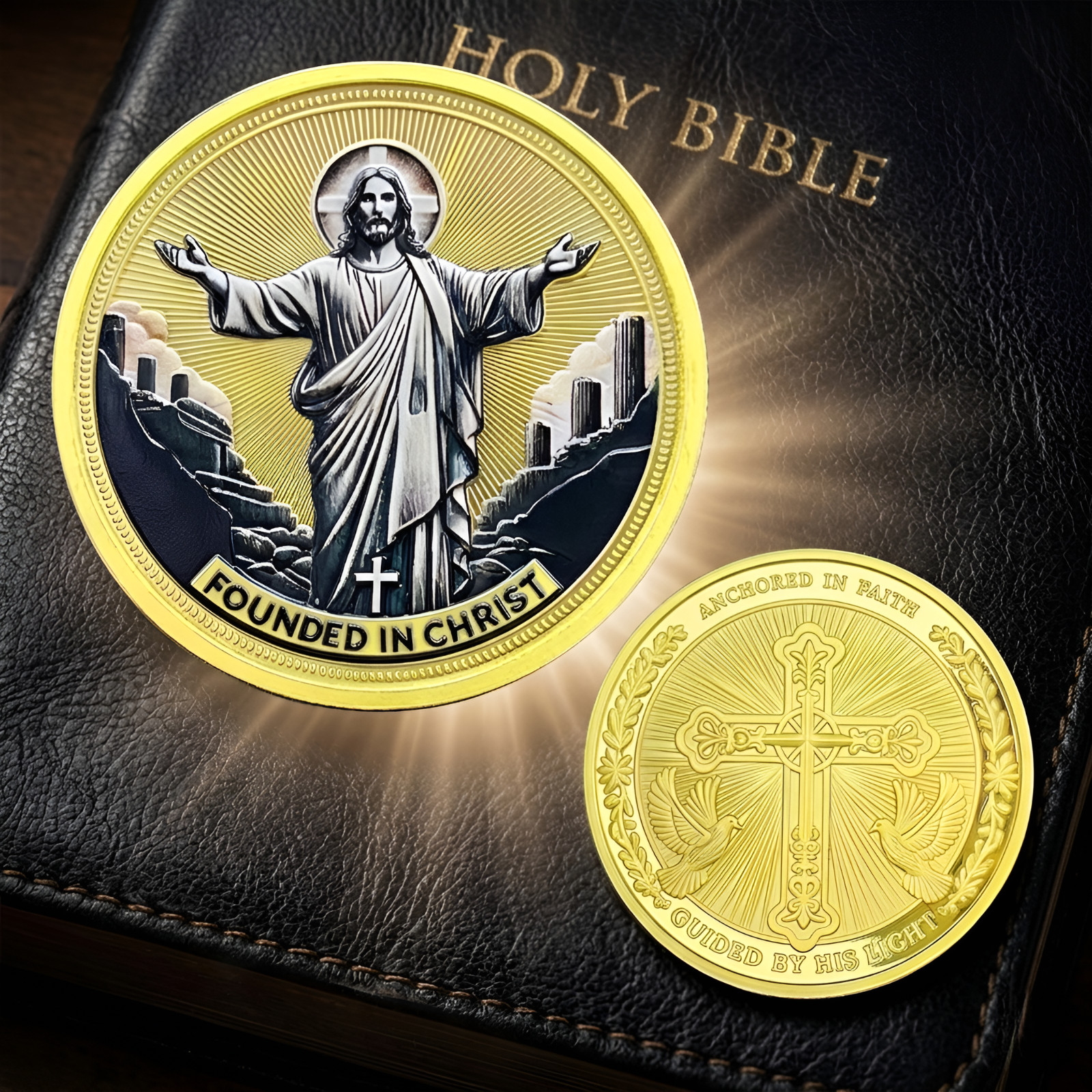 Christian Challenge Coin Jesus Christ Founded in Christ Anchored in Faith Gift