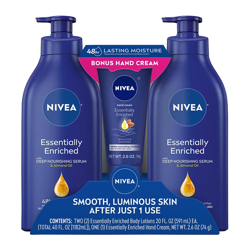 Nivea Body Lotion 2 Pack x 20 oz + Hand Cream 2.6 oz Dry Skin Almond Oil