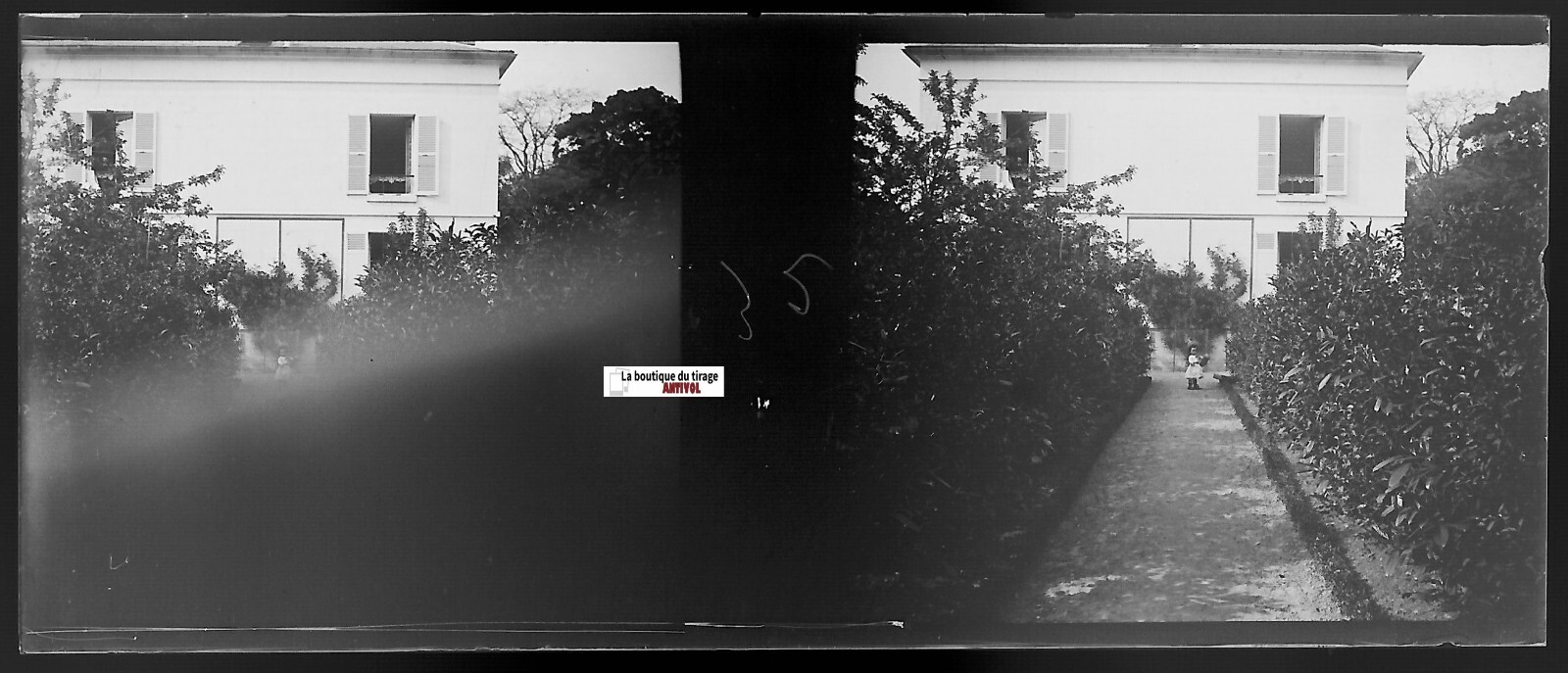 Girl, House, Stereo Glass Photo Plate, Black & White Negative 4.5x10.7 Cm