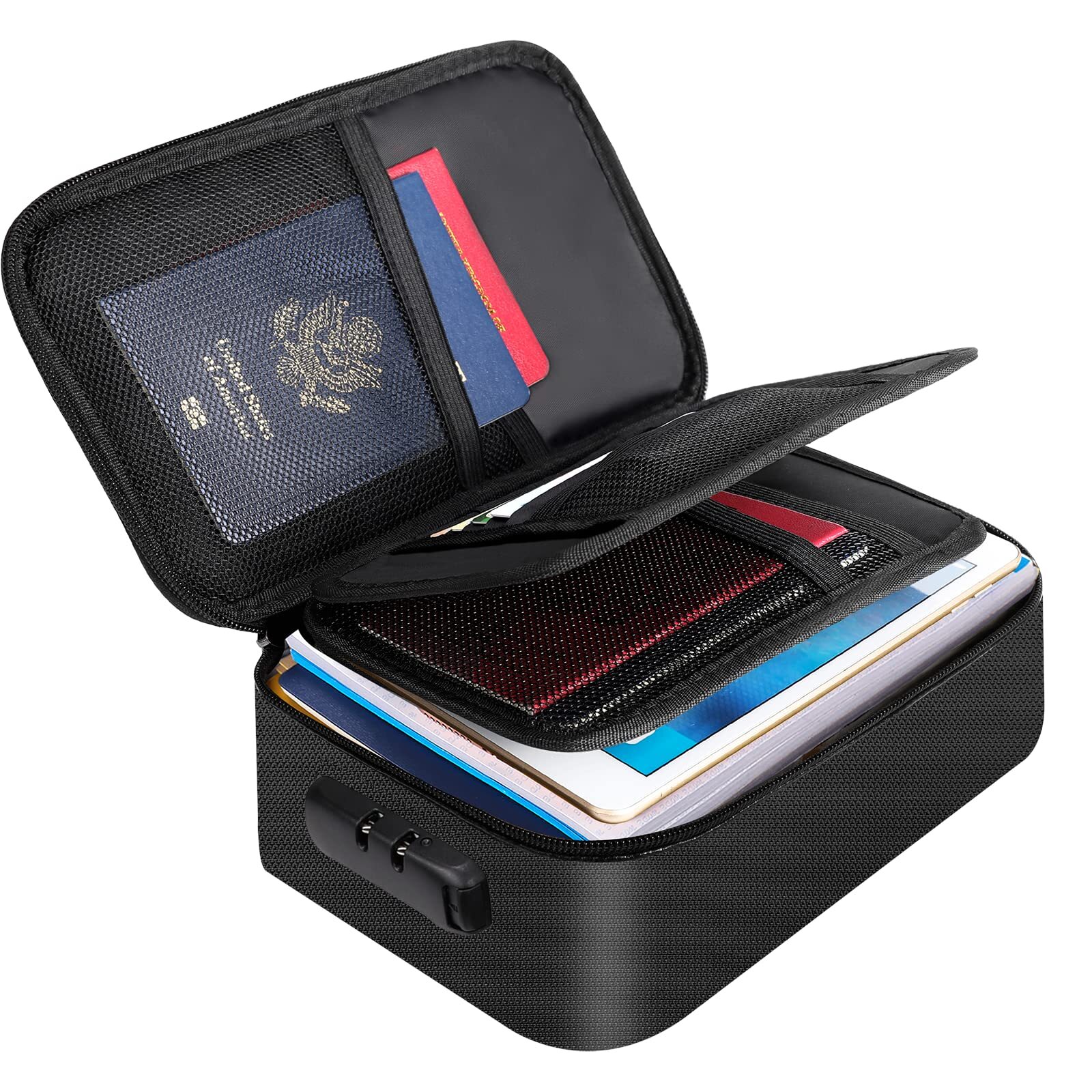 Small Fireproof Storage Organizer Case with Lock(9”x 5.3”x 3.7”), 3-Layer