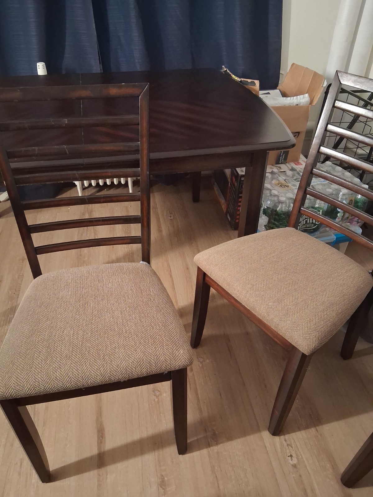 Dark Brown Gloss Wood Rectangular Dining Table Set with 4 Beige Chairs