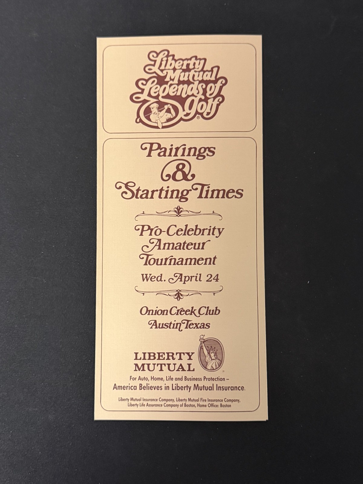 1985 LIBERTY MUTAL LEGENDS OF GOLF PAIRINGS & START TIMES GUIDE - CELEBRITIES