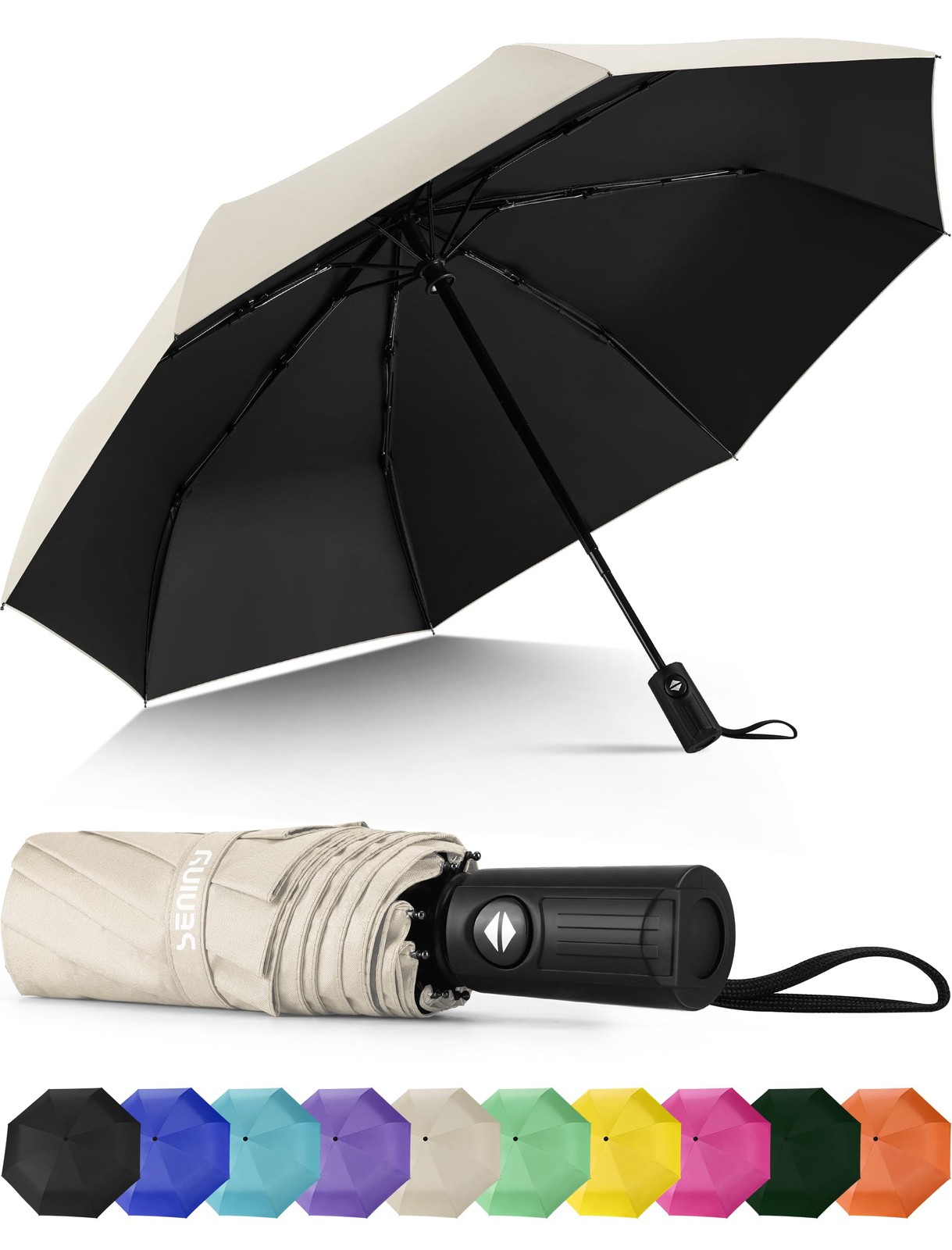 Seniny Windproof Travel Umbrella, Automatic Umbrellas 38 inches, Auto-Beige