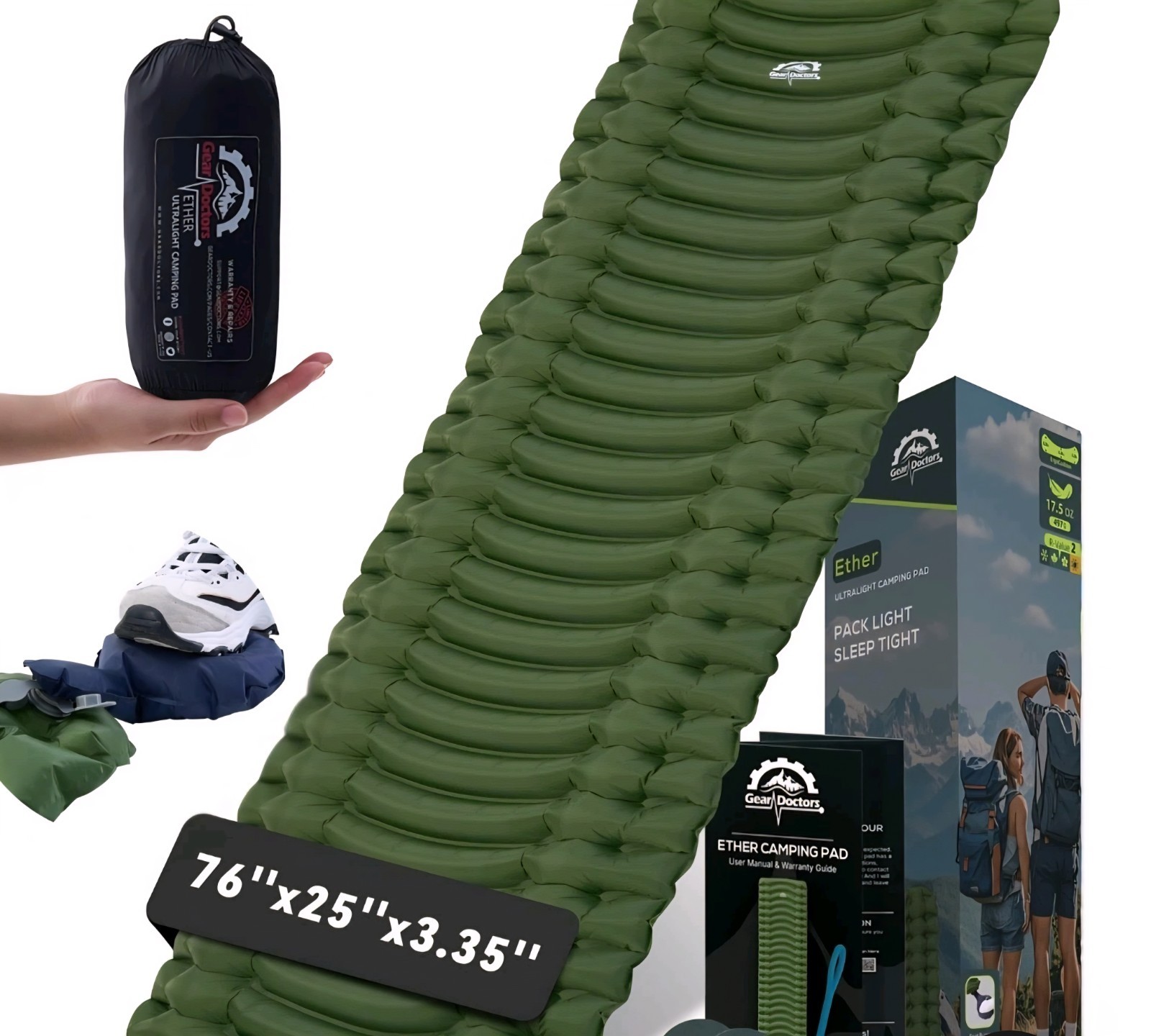 GearDoctors® Ether Ultralight Sleeping Pad 17.5oz Compact Camping Air Mattress