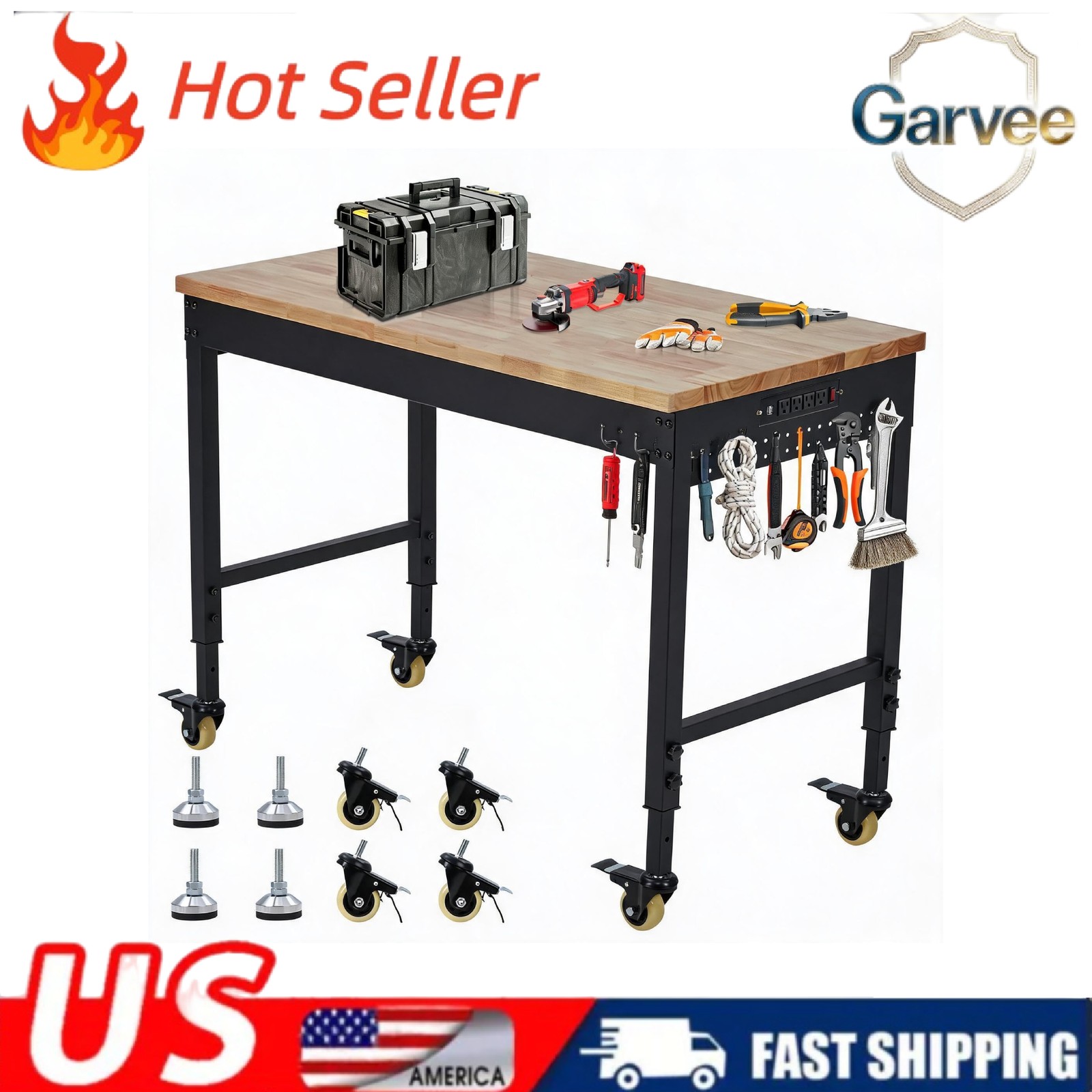 Workbench 72" Heavy Duty 2000 LBS Rubber Wood Pegboard Power Outlets for Garage