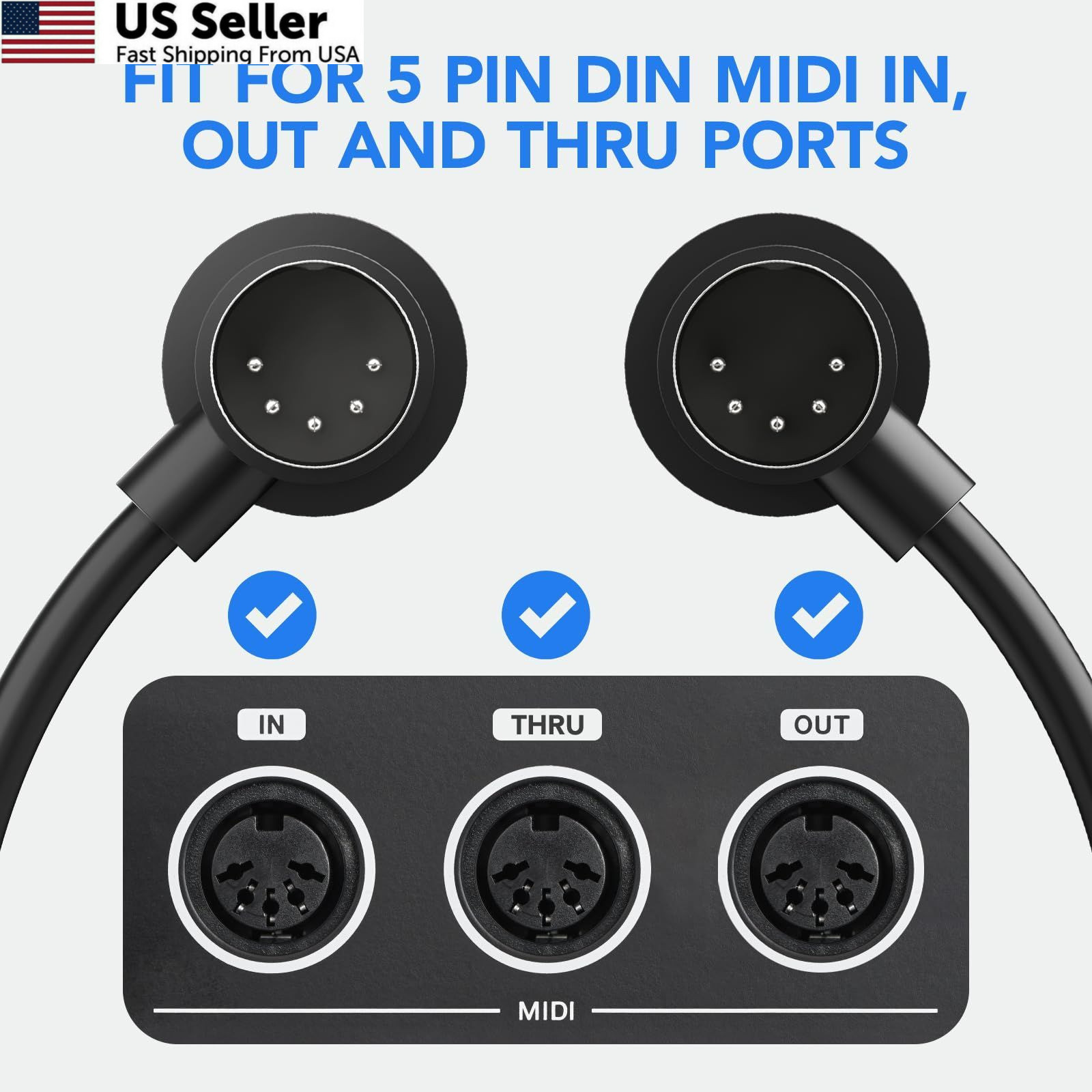 Heams 4 Pack Premium Right Angle MIDI Cable 2FT, Low Profile for 2 FT, Black