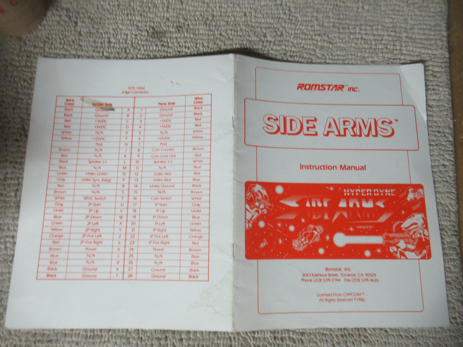 original factory  SIDE ARMS ROMSTAR  arcade video game owners manual