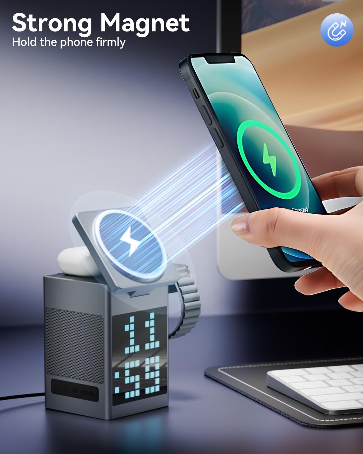 Vivilumens 3-in-1 Wireless Charging Station with Bluetooth Speaker, Grey