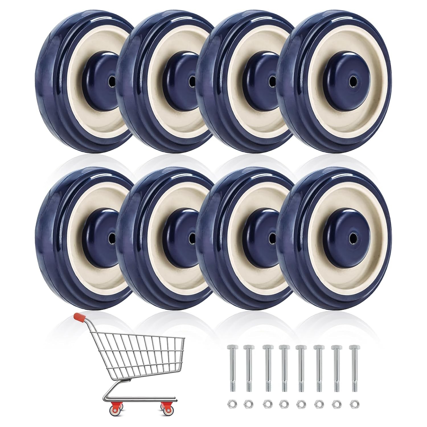 Set of 8 wheels 5" Diameter wheels for Shopping Cart Nuts and Bolts included