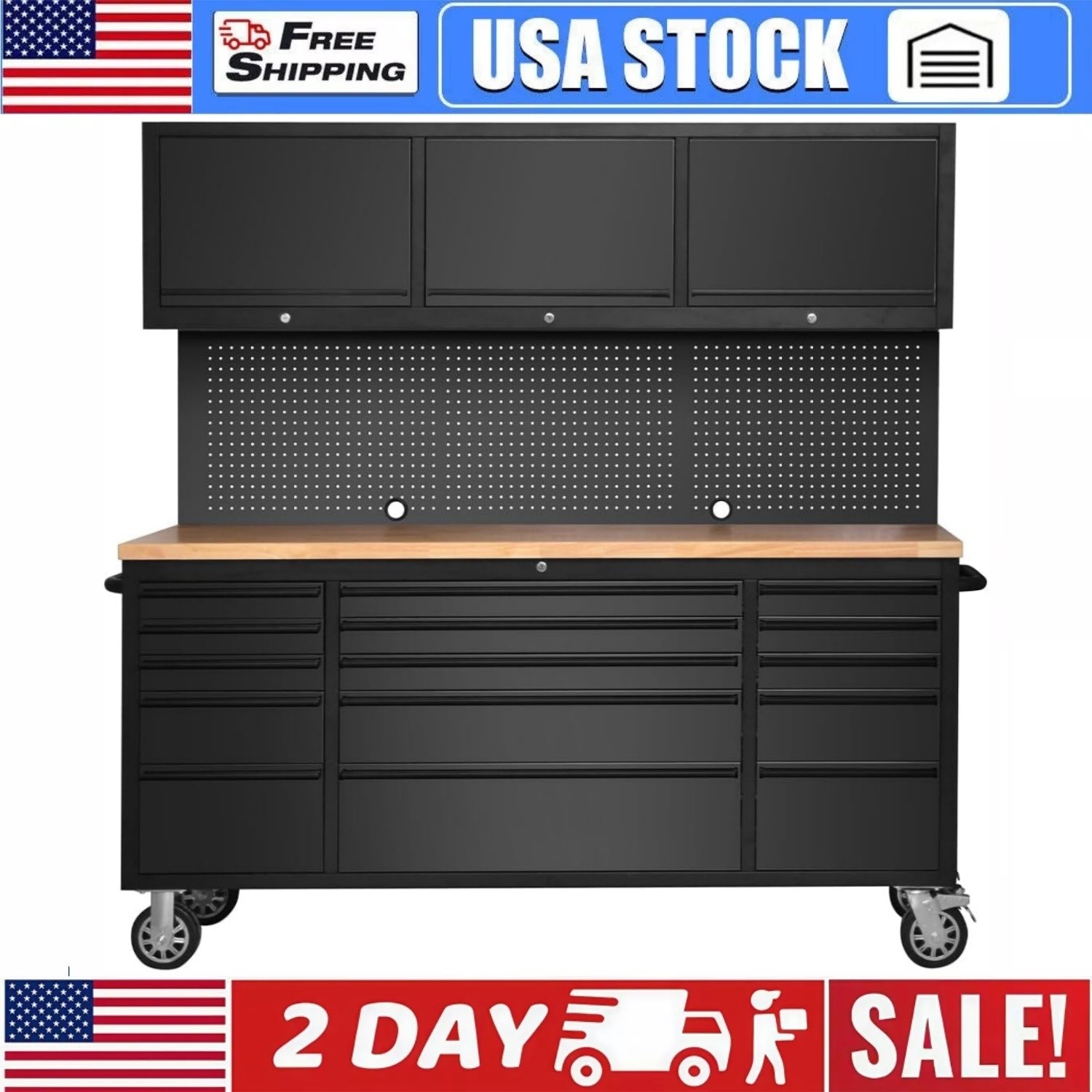 Rolling Tool Chest Cabinet Garage Workbench W/15 Storage Drawers Upper Cabinets
