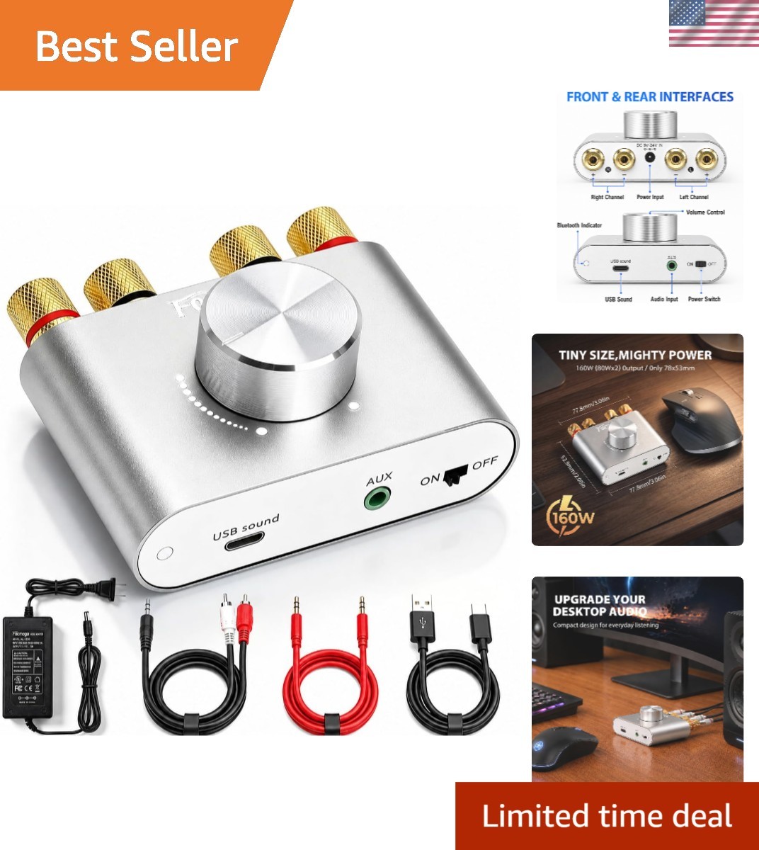 160W Bluetooth 5.0 Mini Amplifier, 80Wx2 2.0CH Audio Power Amplifier, Hi-Fi S...