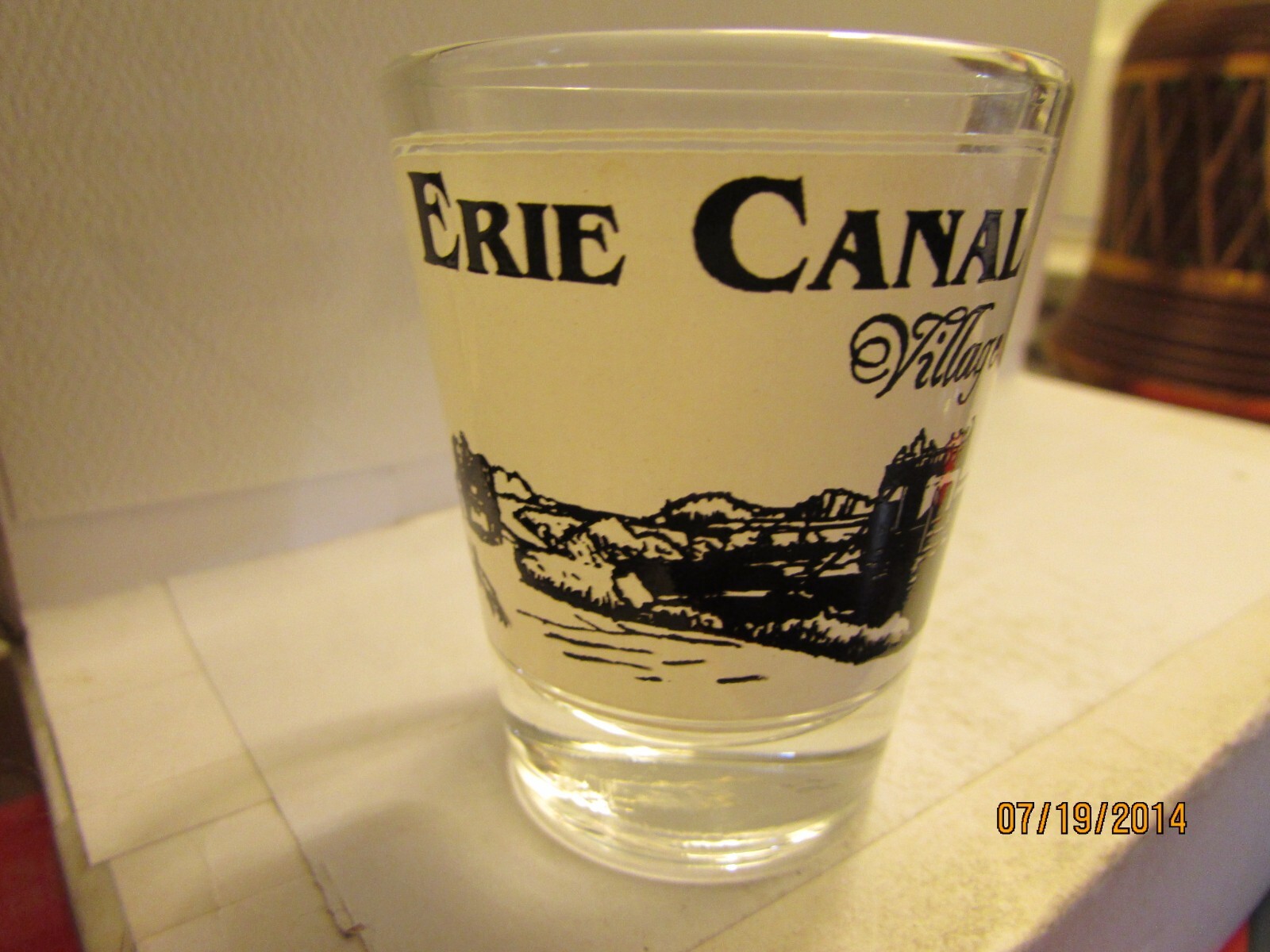 Vintage-Erie Canal Village- logo/ scene on standard Style Shot Glass-new