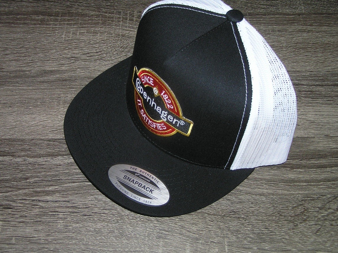 Copenhagen Retro Patch on Trucker Hat Yupoong Classic 6006 Snapback Black/White