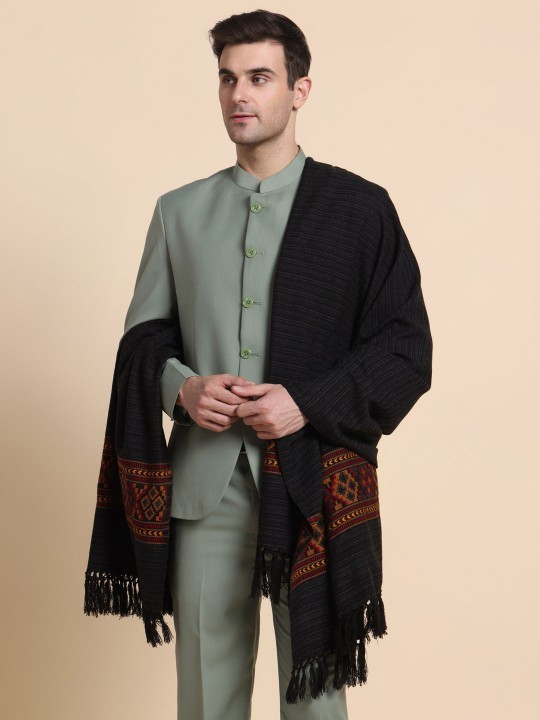 Men's Traditional Kullu Woolen Winter Shawl Stole with Tasseled border