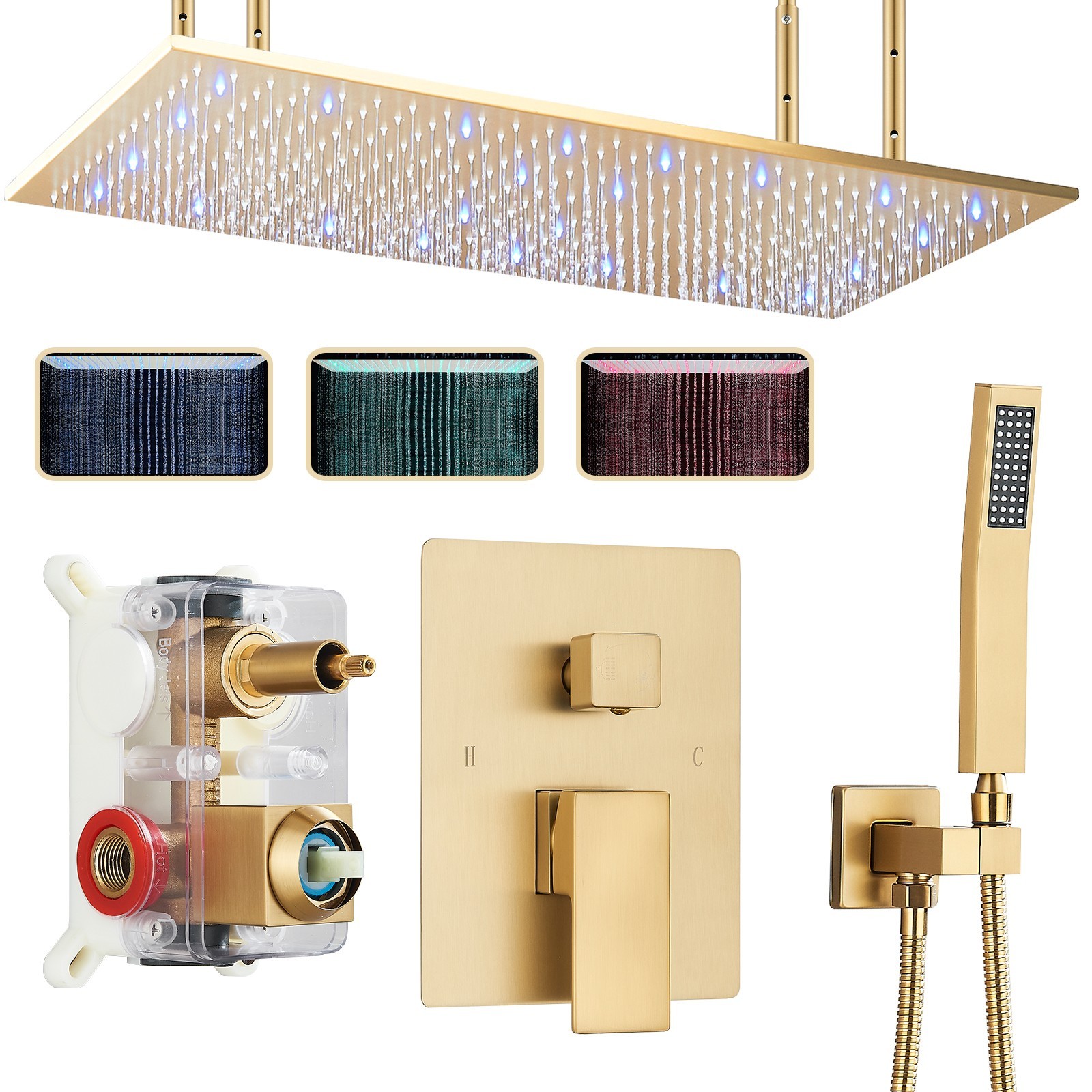 Brushed Gold Shower Faucet Set 16x32 inch LED Shower head Combo Valve Kit System
