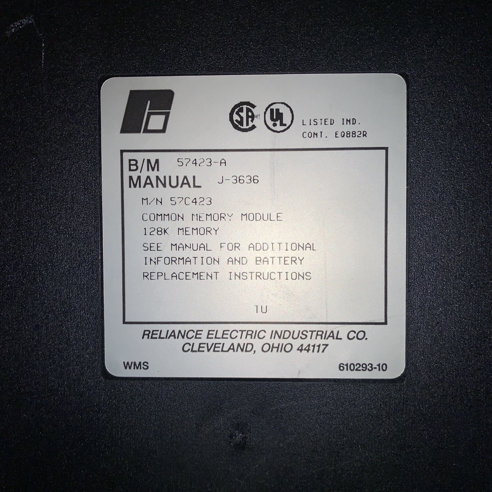 Reliance Electric 57C423 Common Memory Module 128K Memory 57423-A