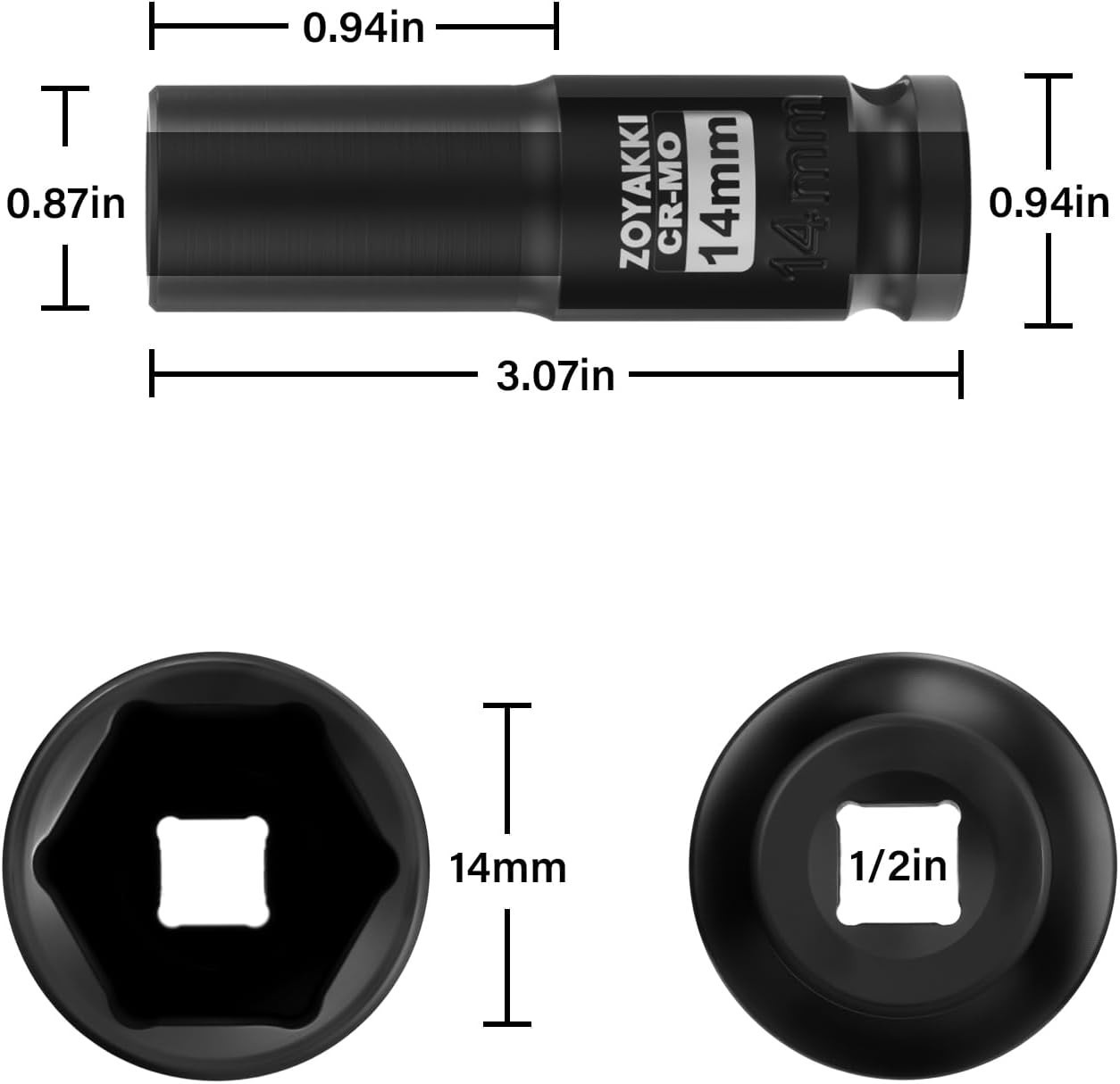 Professional 1/2" Drive 14mm Impact Socket - Durable CR-MO Construction