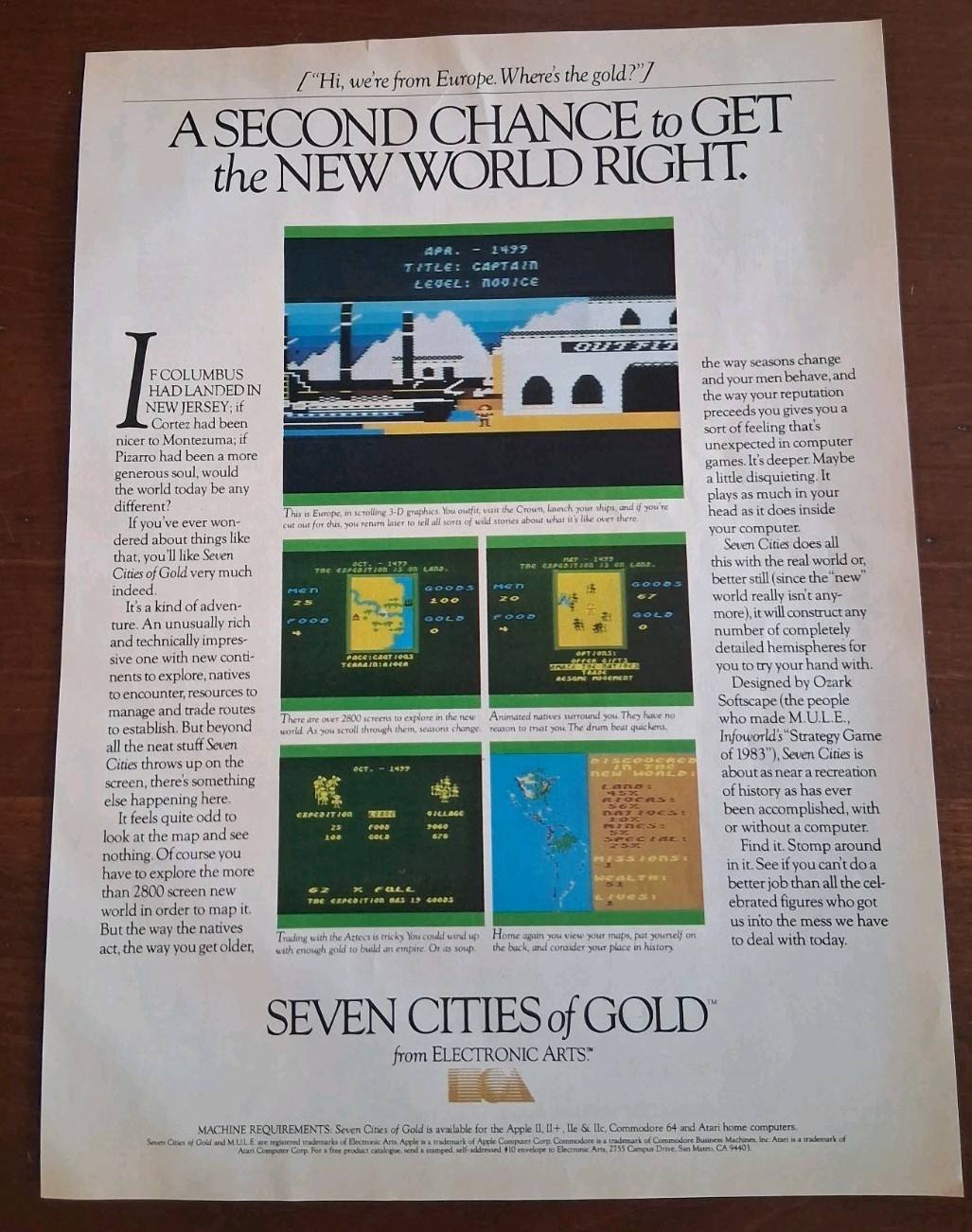 Seven Cities Of Gold Computer Games Vintage Print Ad 8x11 1980s
