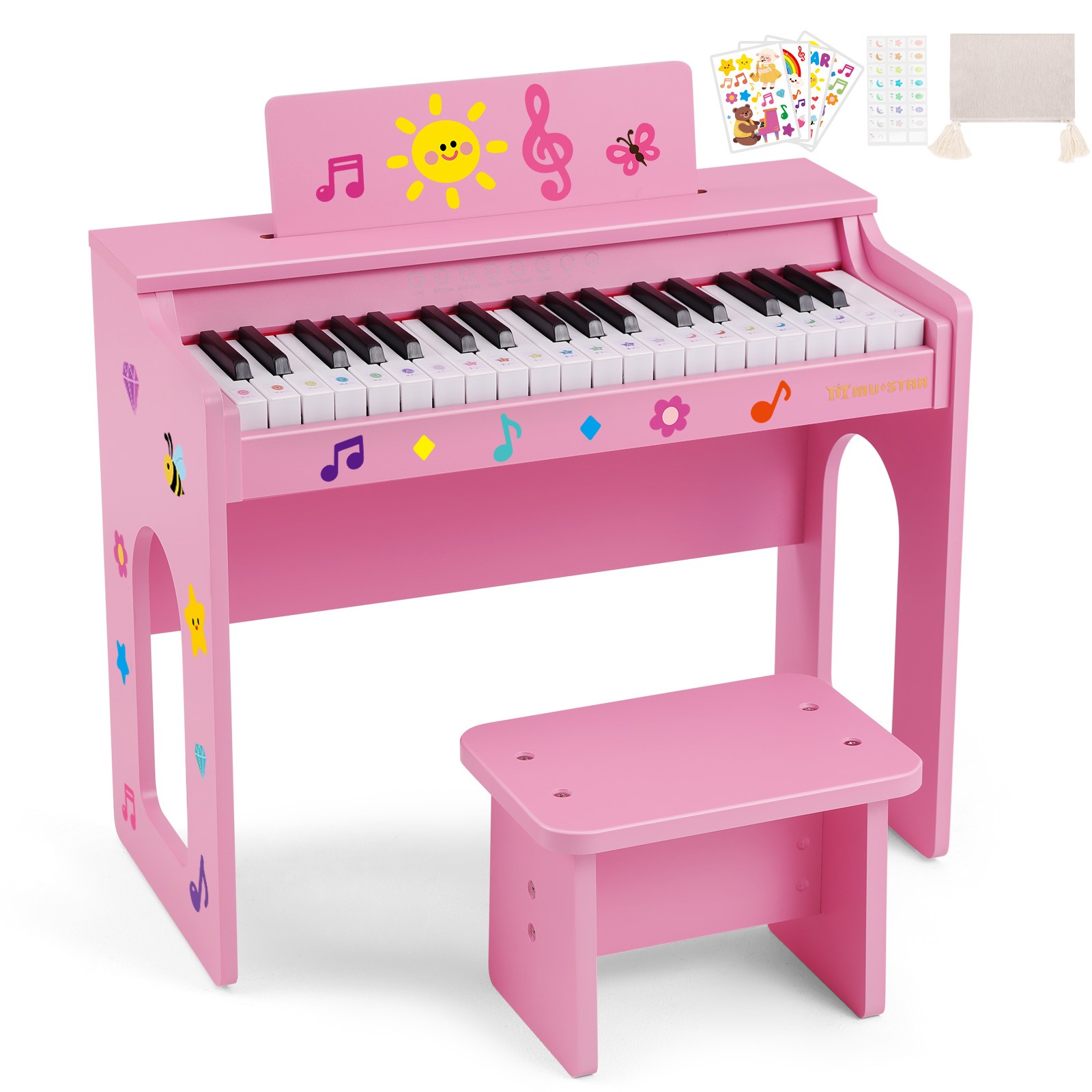 Pink Wood 37 Keys Kids Digital Piano Keyboard Toys with Bench, Stickers, Cover
