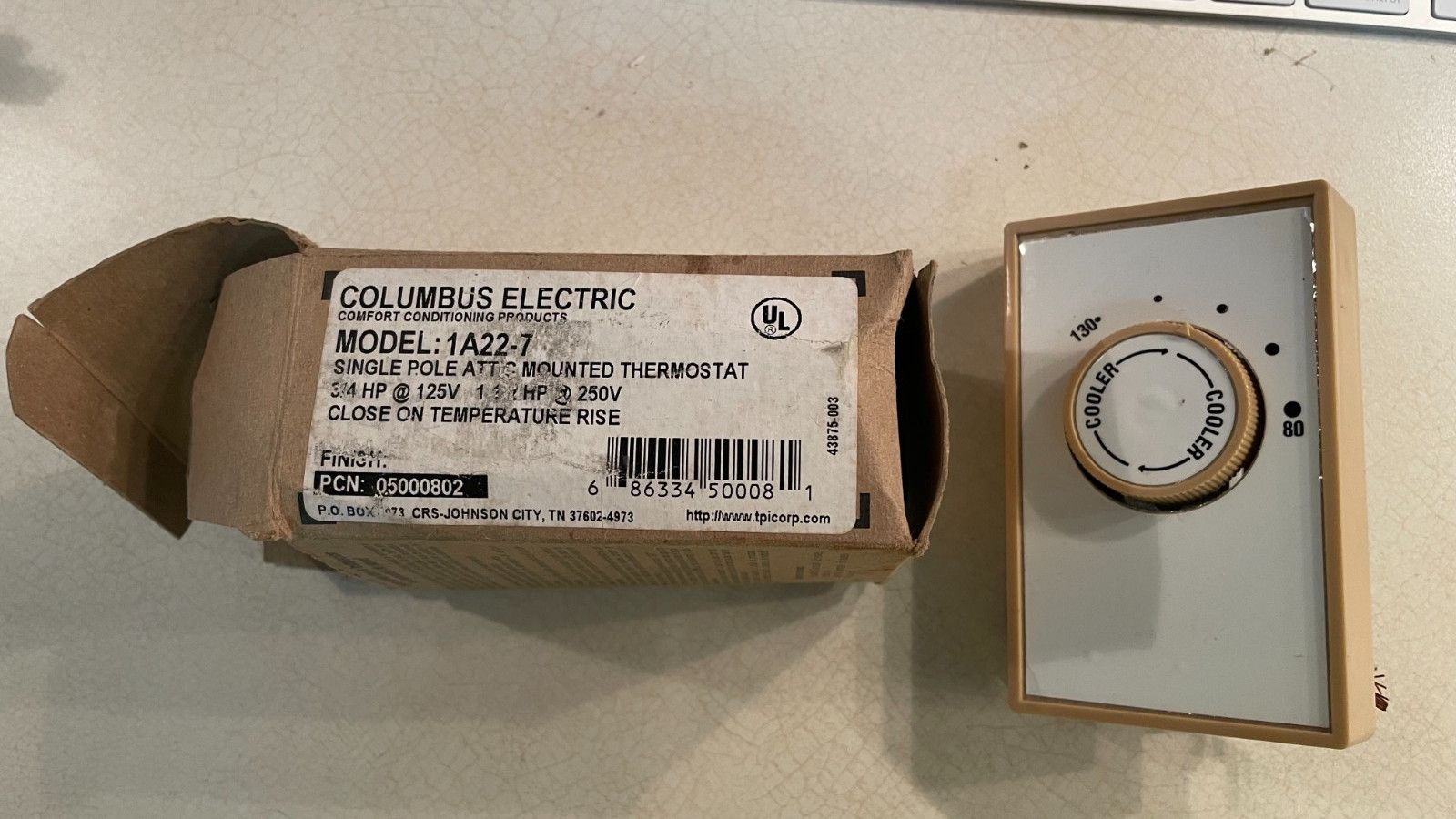 Attic Fan Thermostat. 1A22-7. 2E340B. PCN 050191 01. Columbus Electric.