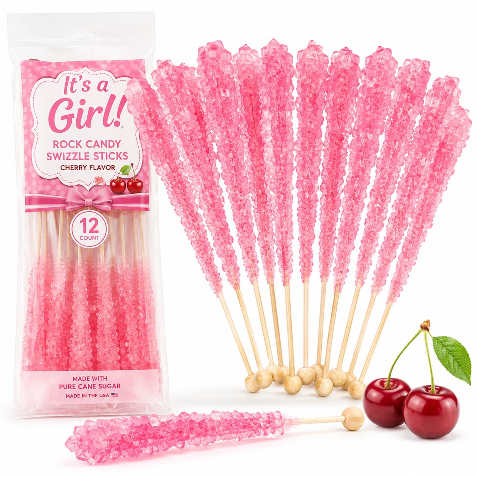 Pink It's a Girl Rock Candy Swizzle Sticks Cherry Flavor 12 Ct Baby Shower
