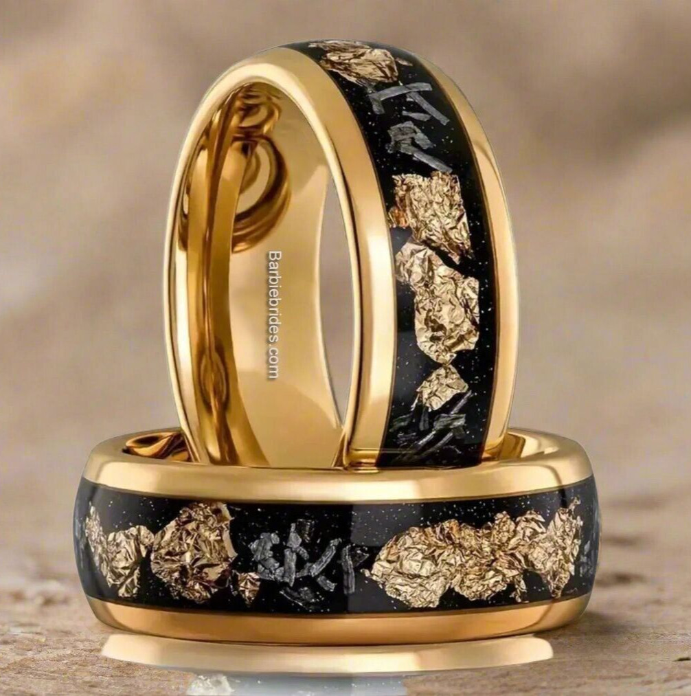 Men's 8mm Titanium Gold Leaf Flakes & Crushed Meteorite Comfort-Fit Wedding Band