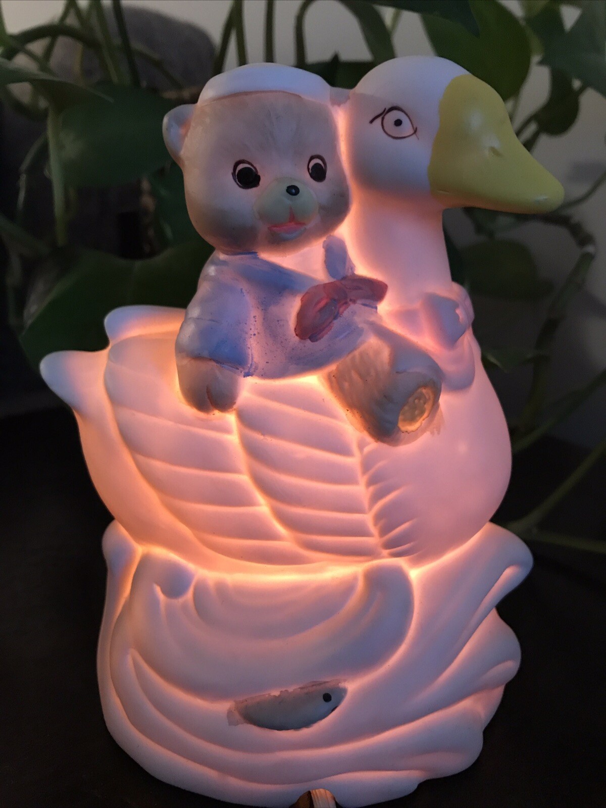 Vintage Artmark Baby Bear Riding A Swan Night Light Lamp Nursery Ceramic Taiwan