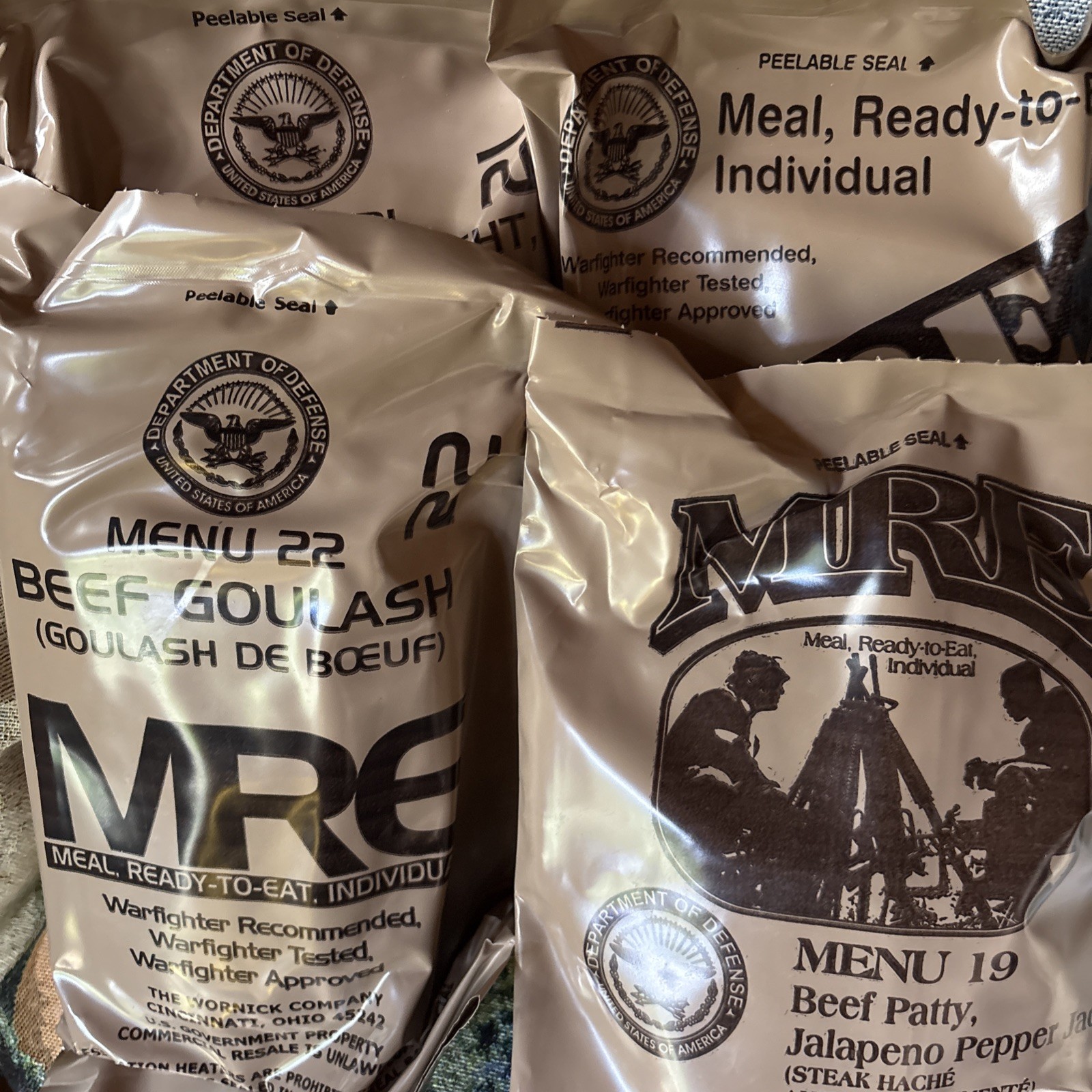 Lot Of 4 MRE U.S. Military  Menu 2, 19,21,22 Ready To Eat