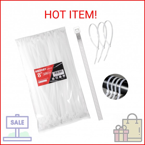 REZOSY White Zip Ties 8 Inch 100 Pack Clear Tensile Strength 40 lbs UV Resistant