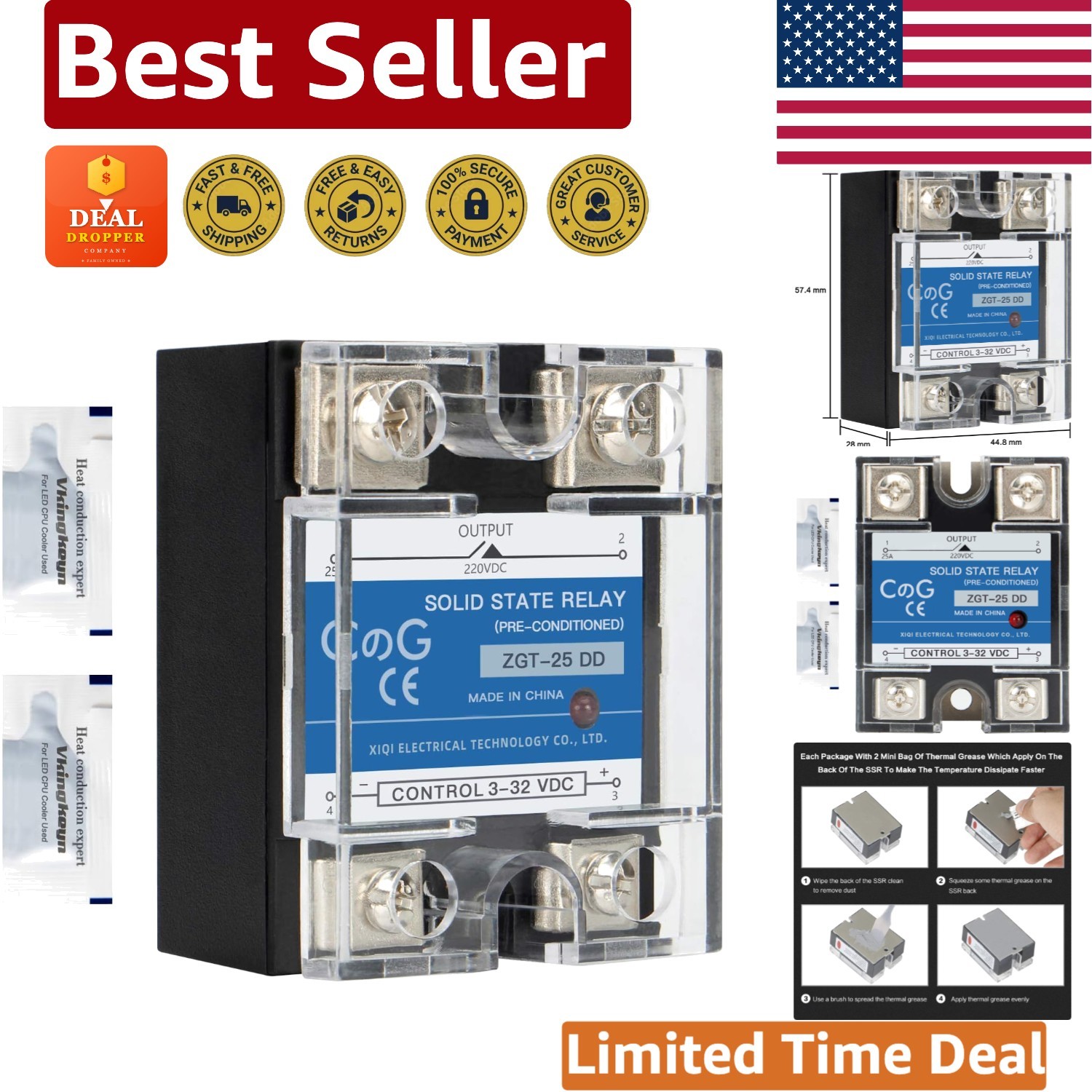 CG Solid State Relay SSR-25DD, DC 25A for Automatic Control with Thermal Grease