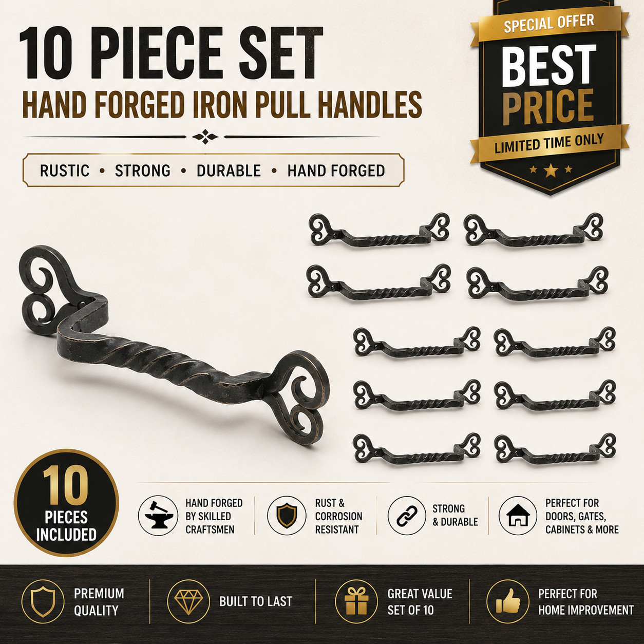 10 PCS Hand Forged Iron Pull Handles Rustic Cabinet Drawer Door Handles Set