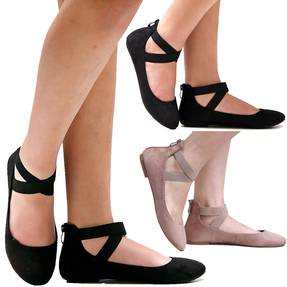 New Women AD2S Black Taupe Vegan Suede Mary Jane Ankle Strap Ballet Flats