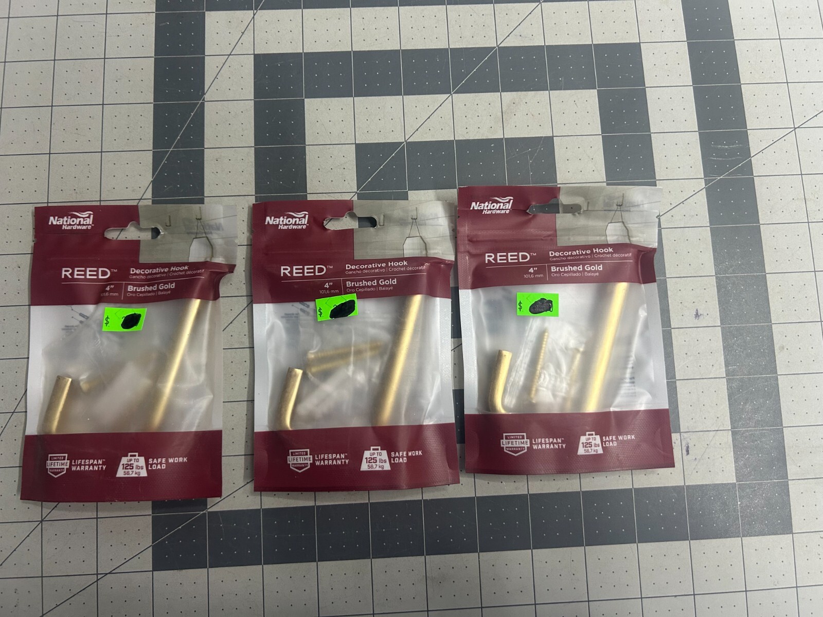 3-pack lot National Hardware 4" N337-917 Reed Modern Wall Coat Hook Brushed Gold