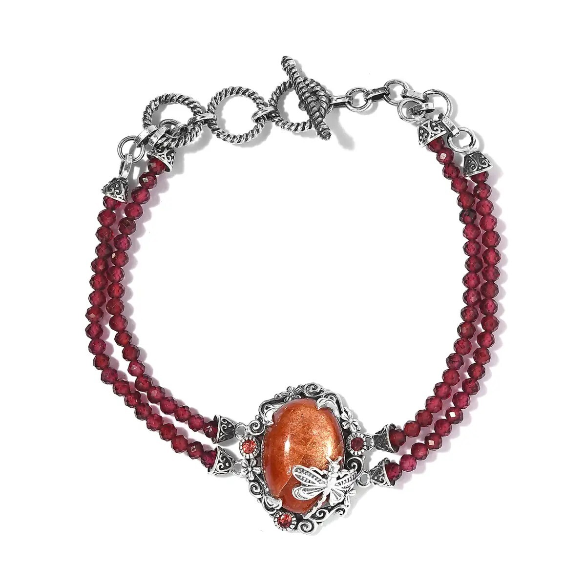 Artisan Crafted Sri Lankan Sunstone & Garnet Dragonfly Bracelet in Silver