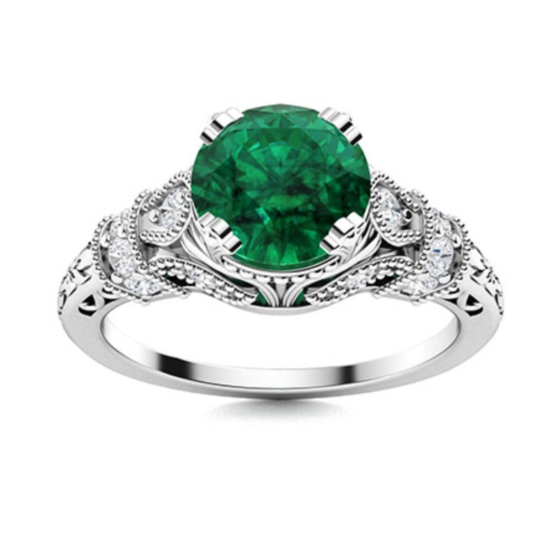933 Sterling Silver 5MM Round Shape Emerald Solitaire with Accents Wedding Ring