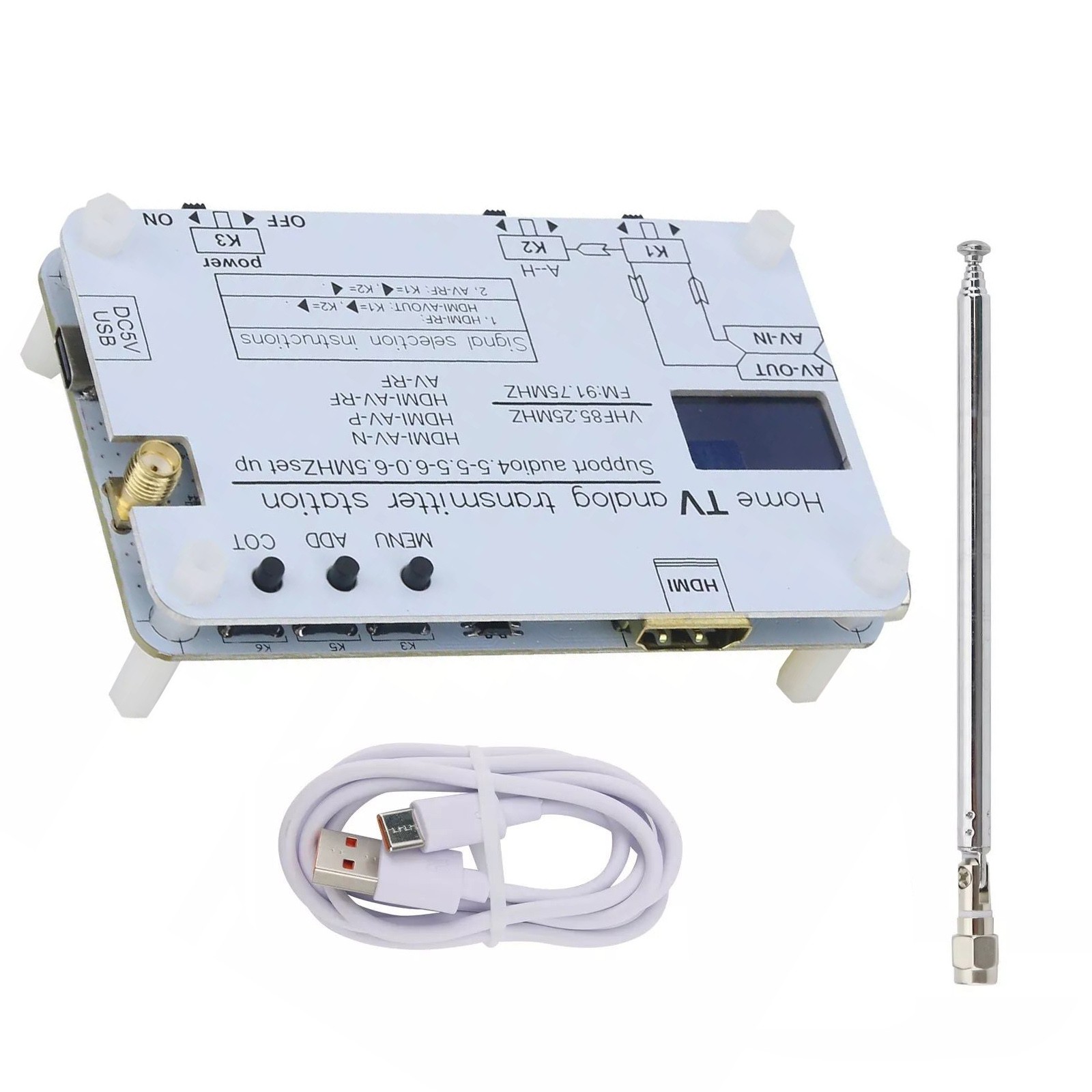 1Pc White Analog TV Signal Transmitter Home Analog TV Transmitter w/ OLED Screen