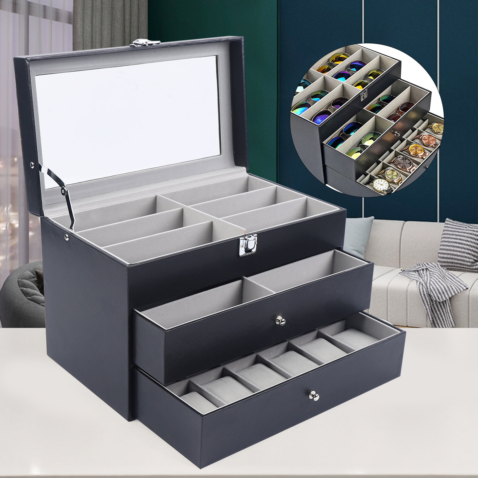 Watch Box Leather Display Case Organizer 24 Slots Glass Jewelry Storage Men NEW