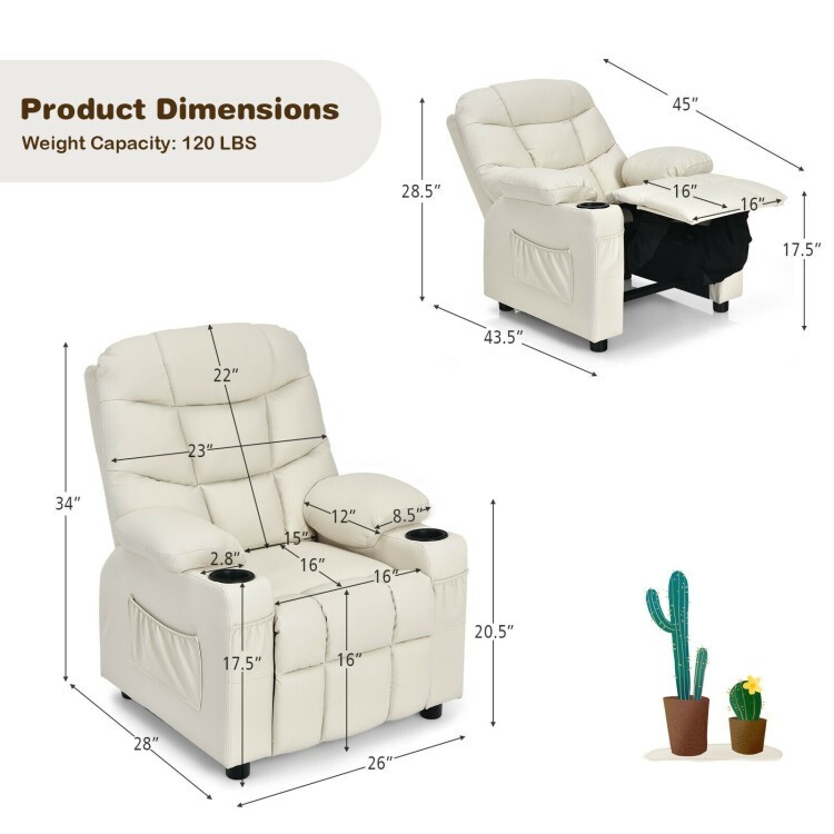 Kids Padded PU Leather Adjustable Recliner Chair W/Cup Holders & Storage Pockets