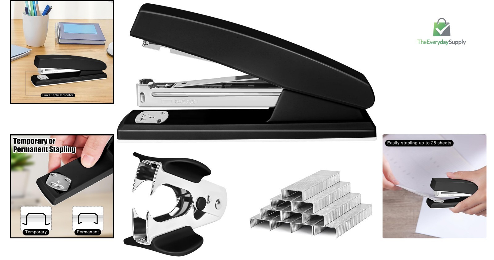 Stapler with 1000 Staples, Office Stapler, 25 Sheet Capacity, Non-Slip, Black