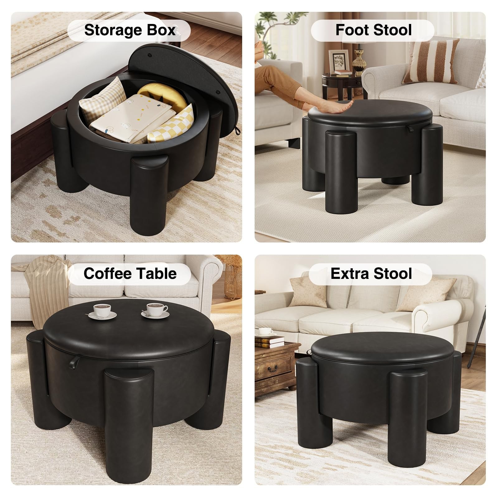 24in Storage Stool Coffee Table with Storage Function, Artificial Leather