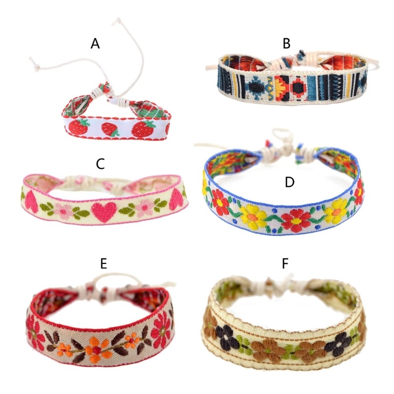 Boho Strawberry Flower Embroidered Bracelet Wristbands Ethnic Jewelry for Girls