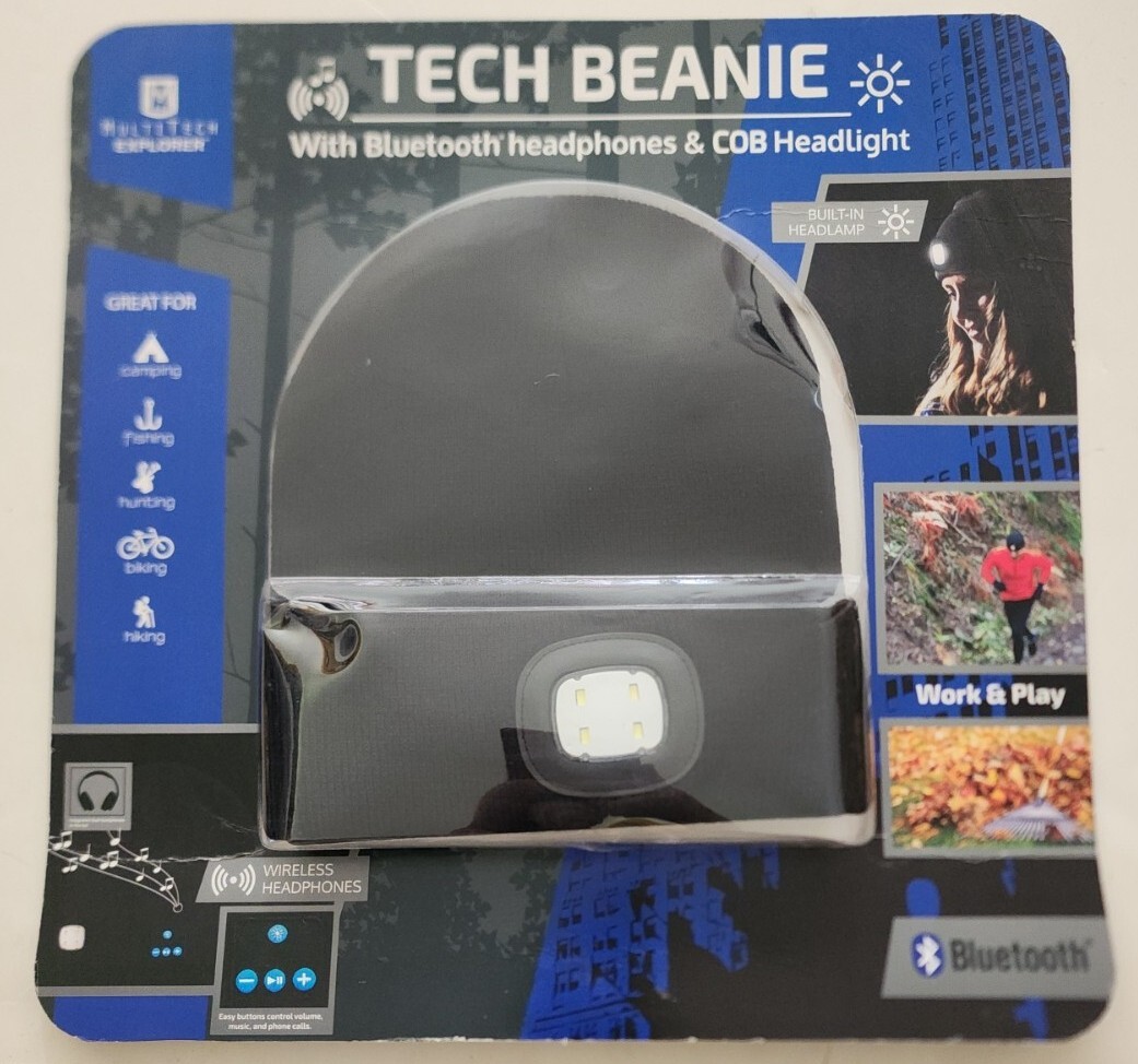 NEW Beanie Hat with Bluetooth Headphones COB HEADLAMP Black MULTITECH EXPLORER