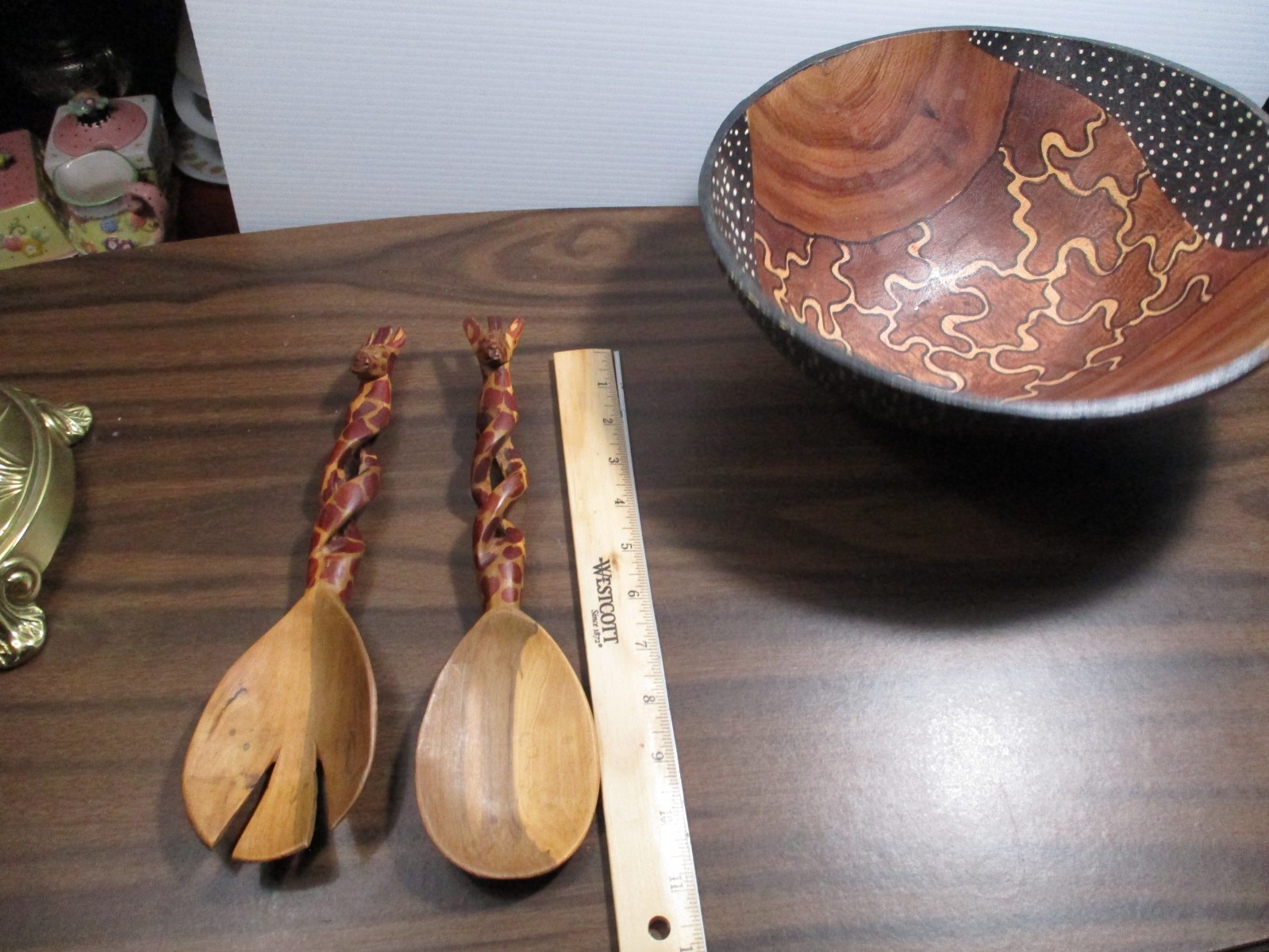 Art Hand Carved  African Wooden Salad Bowl & Giraffe Serving Spoon & Fork