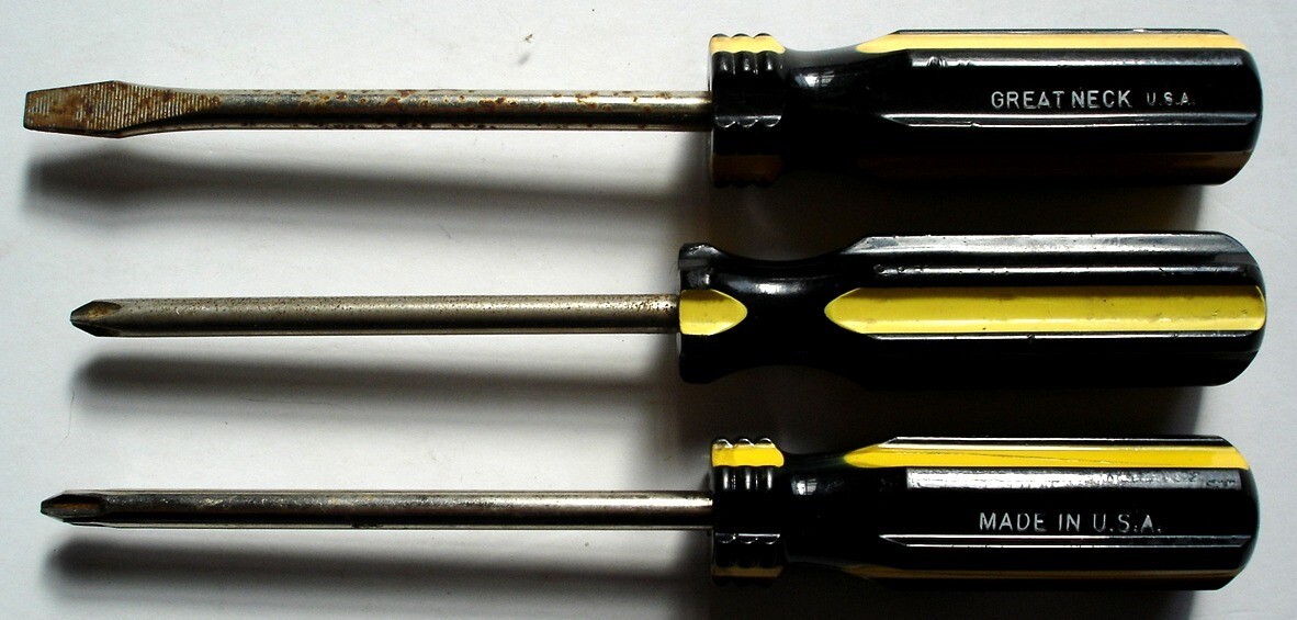 Lot of 3 Vintage Black & Yellow Screwdrivers, Stanley/Great Neck