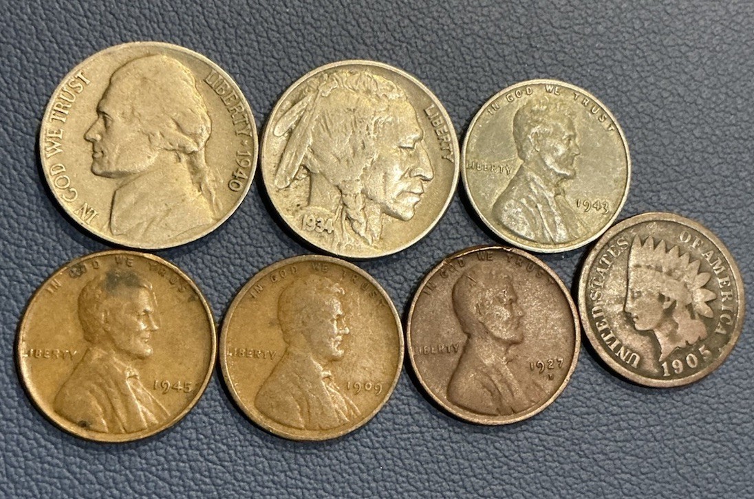 1909 Wheat Cent + 1905 Indian Cent + Buffalo/Jefferson Nickel + Mixed Wheat Cent