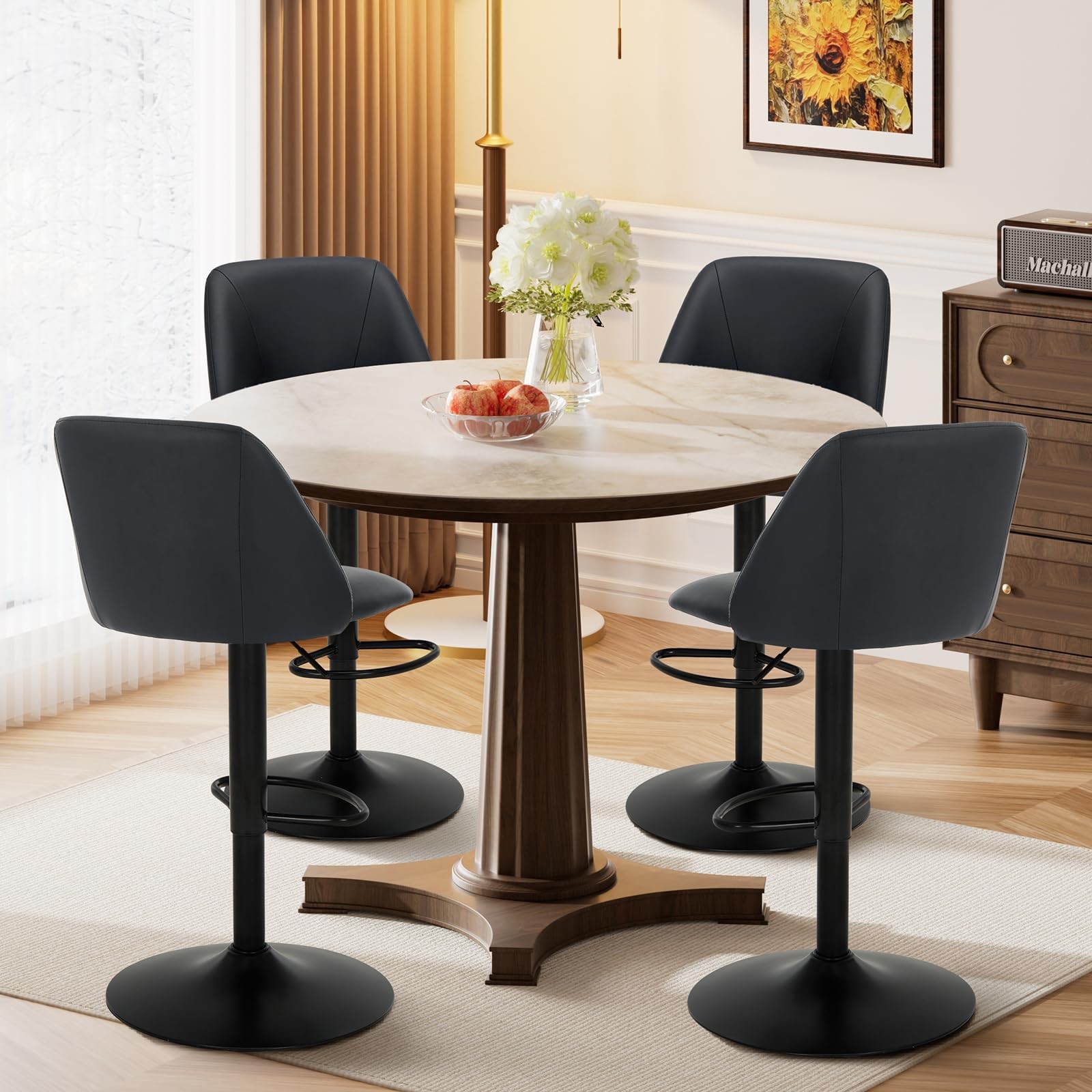 Adjustable Bar Stools, Modern PU Leather Bar Chairs with Curved Mid-Back, 360...