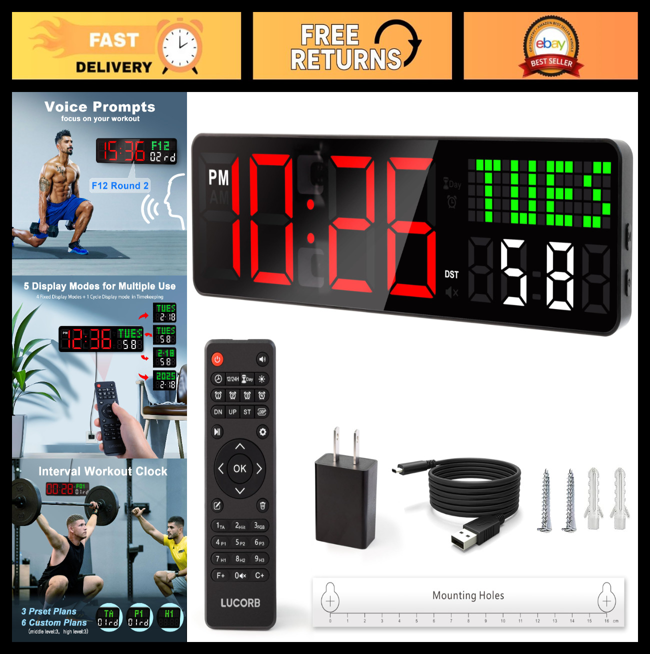 12" Interval Workout Timer with Remote | 5 Display Modes, 4 Alarms | Gym Countdo