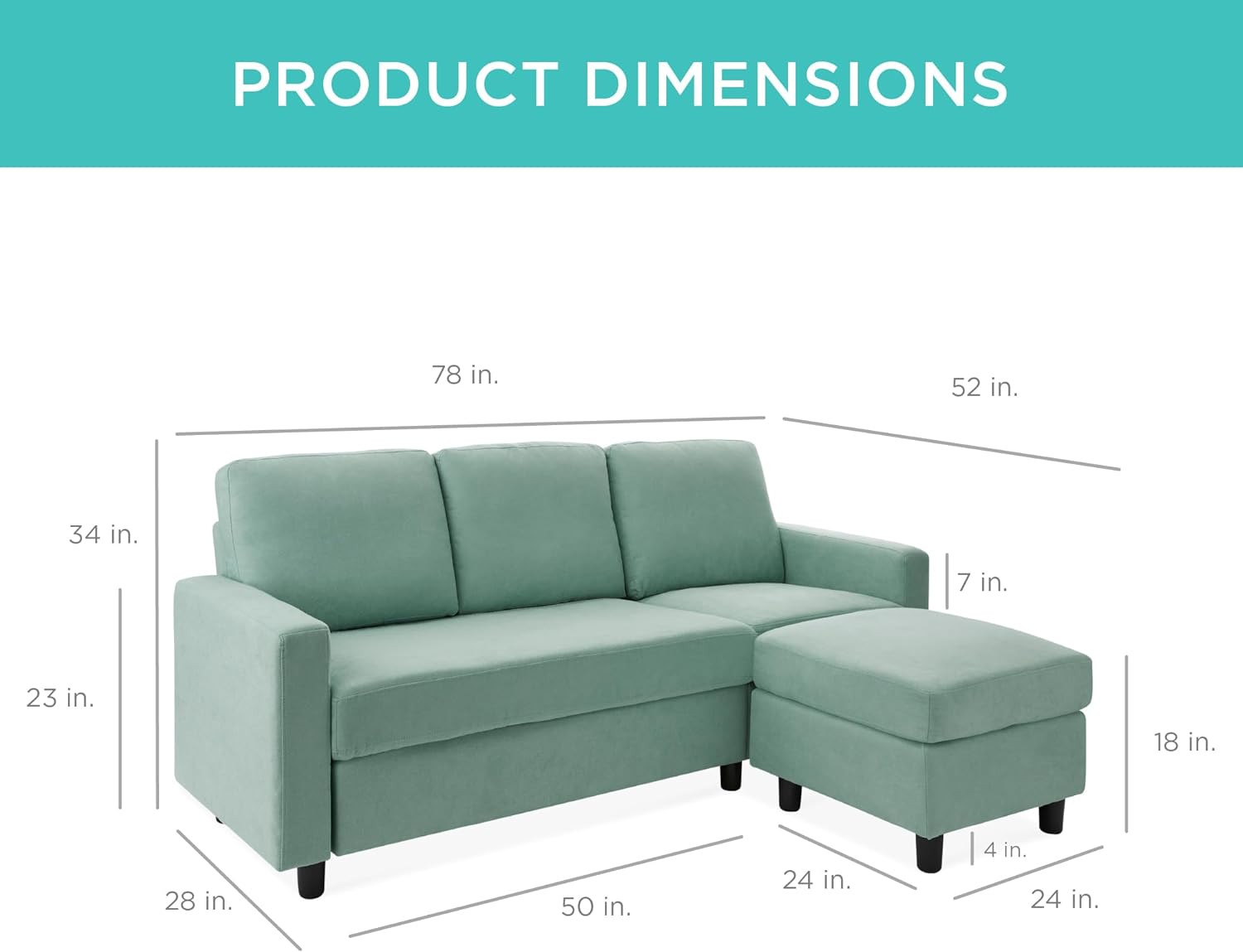 Upholstered Sectional Sofa with Chaise Lounge 3 Seat L Shape Reversible Ottoman